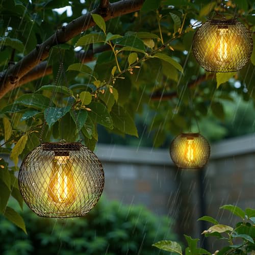 HOTEAGLE Solar Hanging Lights, Waterproof Outdoor Decorative Globe Lanterns with Vintage Edison Bulb, LED Retro Metal Mesh Pendant Light for Garden, Patio, Yard, Tree Decor (Black-2-Pack) - Image 1