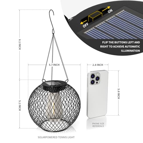 HOTEAGLE Solar Hanging Lights, Waterproof Outdoor Decorative Globe Lanterns with Vintage Edison Bulb, LED Retro Metal Mesh Pendant Light for Garden, Patio, Yard, Tree Decor (Black-2-Pack) - Image 3