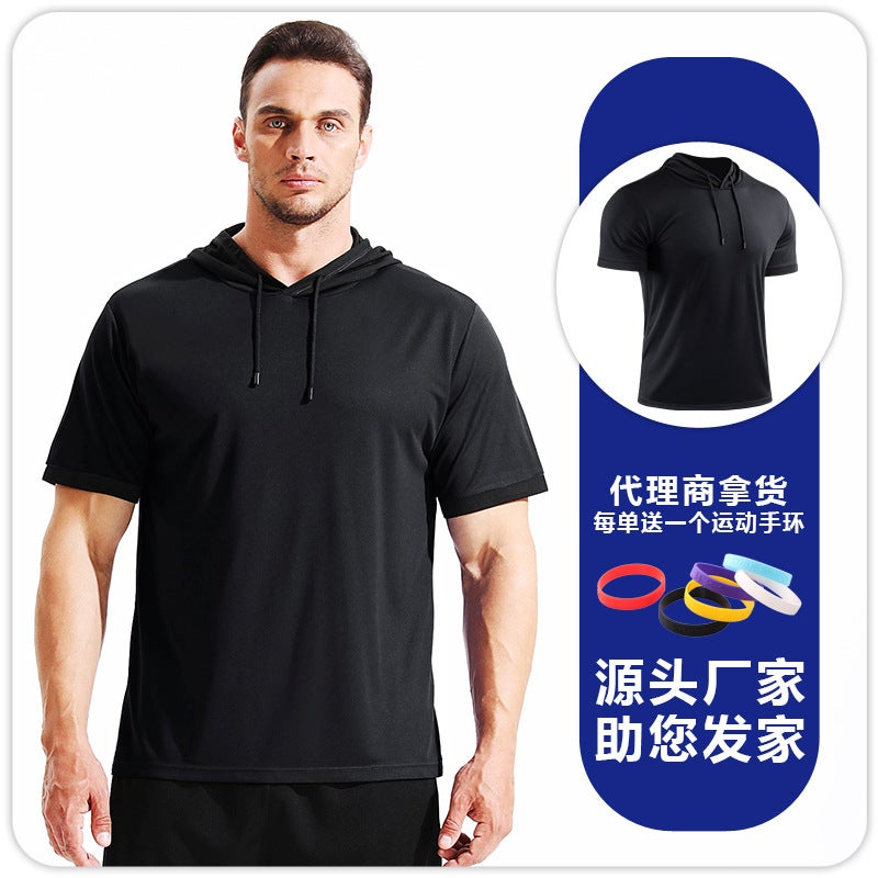 Generic Summer Basketball Hooded Sportswear Running Mountain Climbing Color Matching Fitness T-shirt Quick-drying Comfortable Short-sleeved Training Top Black