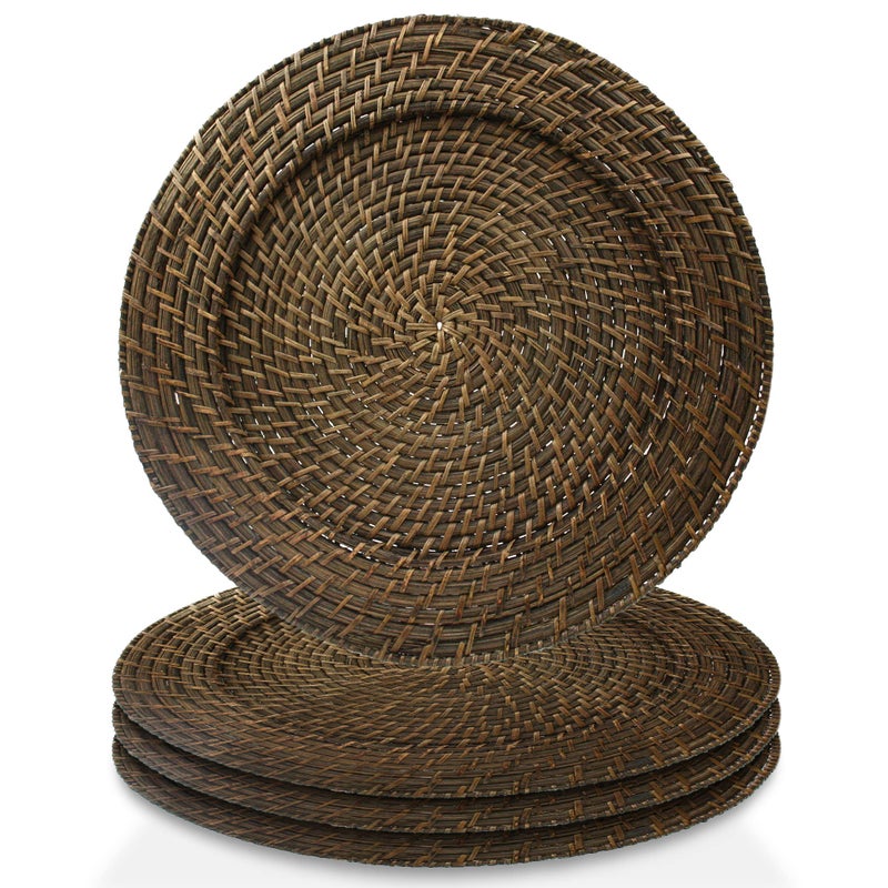 Jay Import Round Rattan Chargers Set of 4 Decorative Service Plates for Home Professional Fine Dining Perfect for Events Dinner Parties Brick Brown 13 x 13 x 05