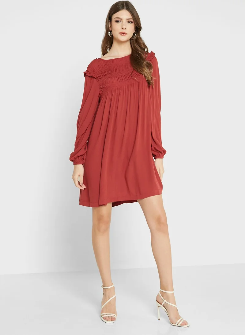 VERO MODA Balloon Sleeve Ruffle Detail Pleated Dress
