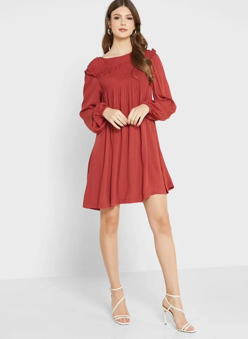 VERO MODA Balloon Sleeve Ruffle Detail Pleated Dress
