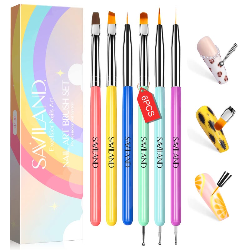 SAVILAND 6PCS Nail Art Brushes Set â€“ Multifunctional Nail Brushes for Nail Art Nail Design Brush Gel Nail Brush for Nail Extension Nail Art Liner Brush 3 Sizes Dotting Tools for DIY Christmas Gift - Image 1