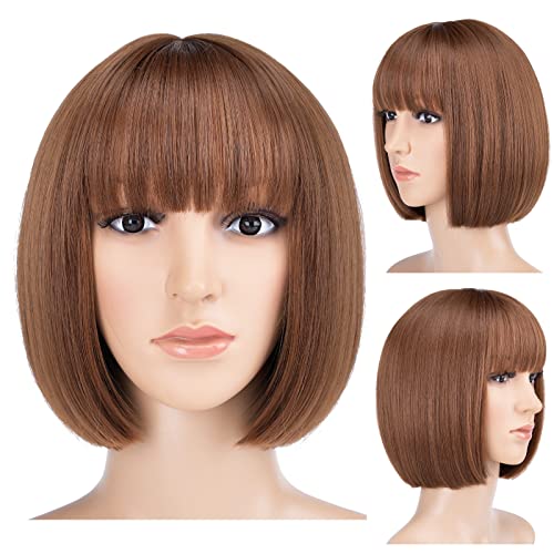 SYXLCYGG Short Brown Wigs Bob Wig With Bangs Synthetic 10 Straight Womens Hair Wigs Girl Cosplay Party White Women Daily Free Wig Cap