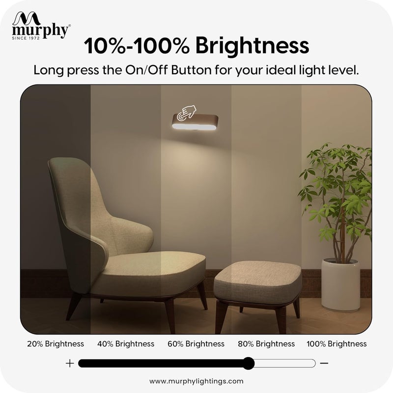 MURPHY Solid Wood Rechargeable Wall Light | 360° Rotating Magnetic Night Lamp for Bedroom | 3 Color Changing & Dimmable Modes | No-Drill Adhesive Installation | Pack of 1 - Image 4