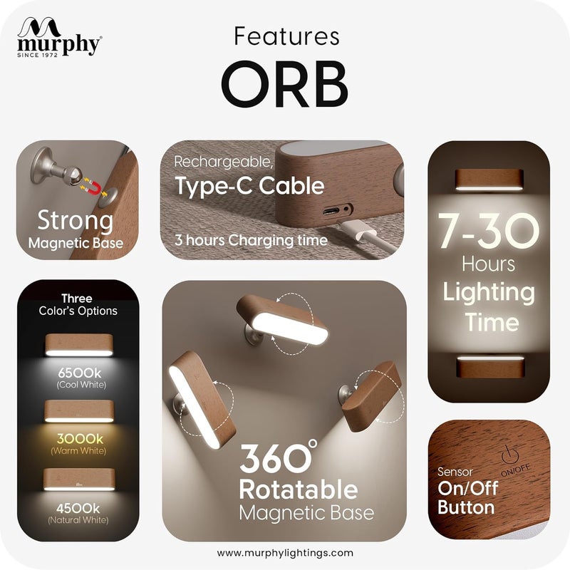 MURPHY Solid Wood Rechargeable Wall Light | 360° Rotating Magnetic Night Lamp for Bedroom | 3 Color Changing & Dimmable Modes | No-Drill Adhesive Installation | Pack of 1 - Image 2