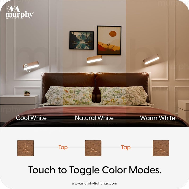 MURPHY Solid Wood Rechargeable Wall Light | 360° Rotating Magnetic Night Lamp for Bedroom | 3 Color Changing & Dimmable Modes | No-Drill Adhesive Installation | Pack of 1 - Image 3