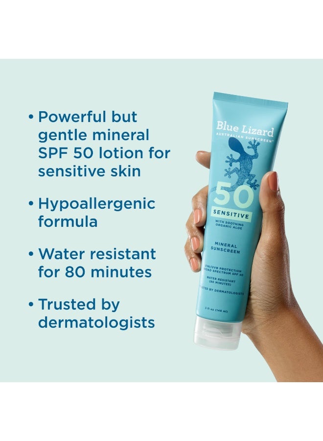 بلو ليزارد لوشن واقي شمس معدني حساس من بلو ليزارد SPF 50، واقي شمس معدني 100%، حماية من UVA/UVB، معزز بالألوة فيرا العضوية، يهدئ ويرطب، 5 أونصة سائلة - Image 2