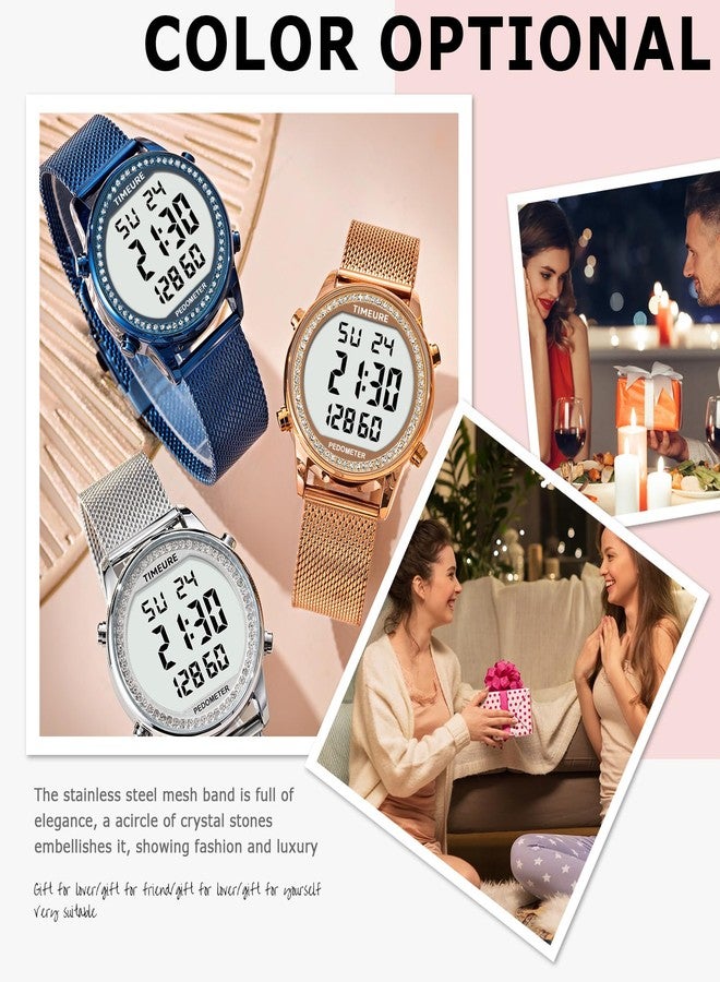 TIMEURE Women's Step Counter Pedometer Watch Crystal Stone, No App, No Charging Needed for Step, Calorie, Distance Tracking, Alarm, Countdown Timer, TU-2401 (Crystal Brown) - Image 3