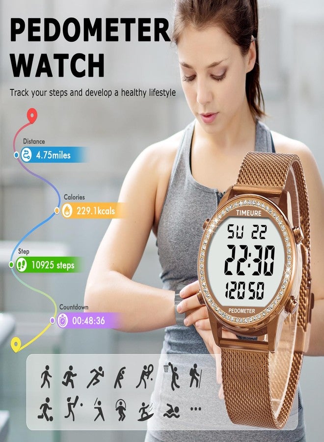 TIMEURE Women's Step Counter Pedometer Watch Crystal Stone, No App, No Charging Needed for Step, Calorie, Distance Tracking, Alarm, Countdown Timer, TU-2401 (Crystal Brown) - Image 2