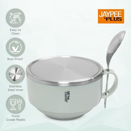 Jaypee Plus Stainless Steel Solid Soup Container/Bowl with Steel Lid & Steel Spoon with Holder Blue, 700 ml - Image 3