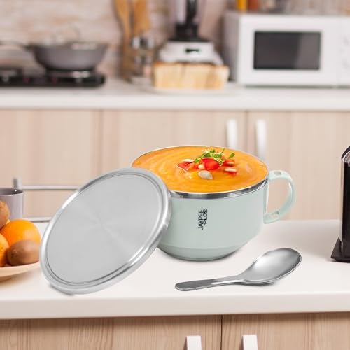 Jaypee Plus Stainless Steel Solid Soup Container/Bowl with Steel Lid & Steel Spoon with Holder Blue, 700 ml - Image 2