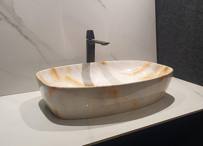 B Backline Ceramic Table Top Vessel Sink Wash Basin Over CounterCounter Top Wash Basin For Bathroom Living Room 24 X 15 X 5 Inches Onxy - Image 1