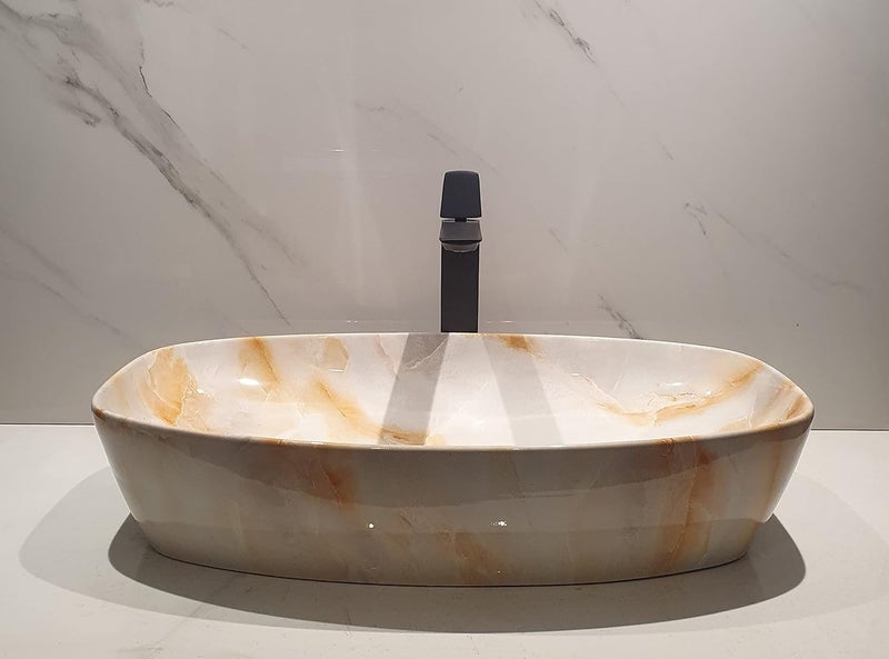 B Backline Ceramic Table Top Vessel Sink Wash Basin Over CounterCounter Top Wash Basin For Bathroom Living Room 24 X 15 X 5 Inches Onxy - Image 2