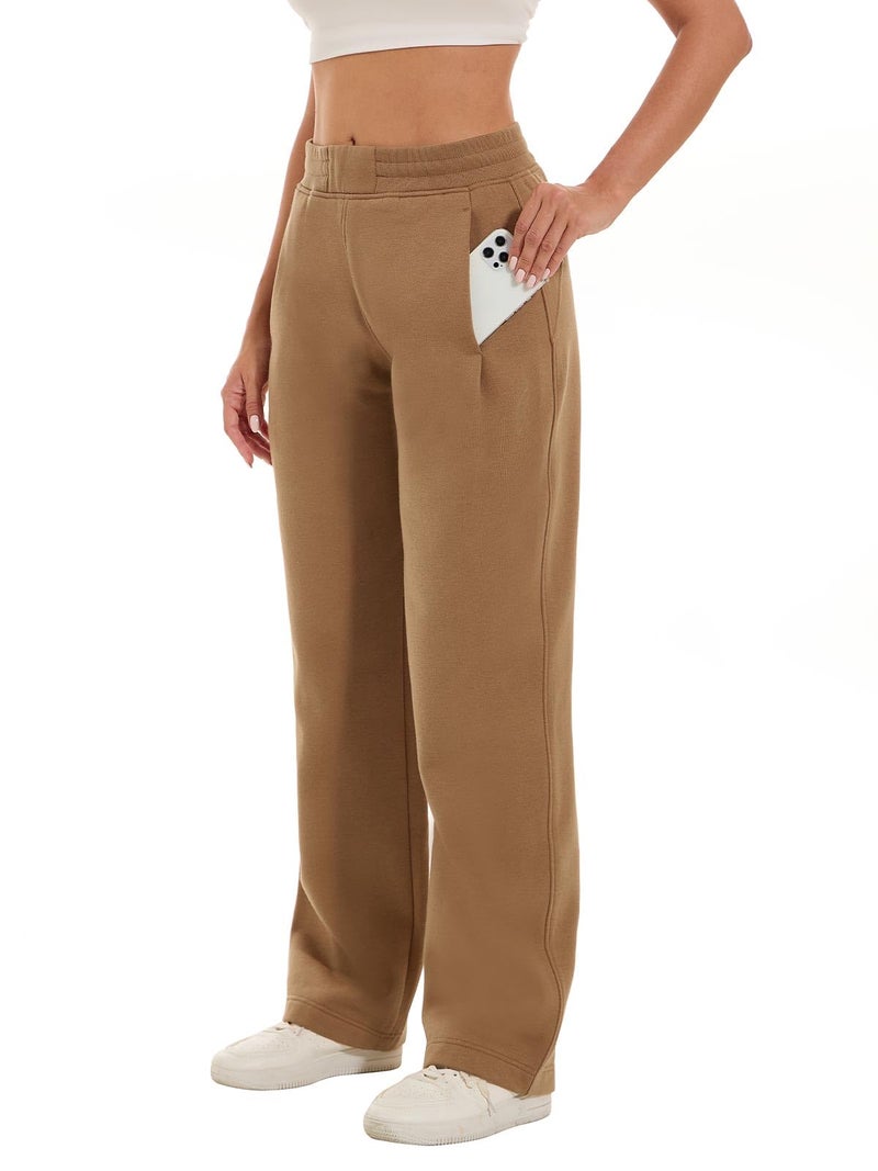 HOdo 32"/34" Inseam Womens Tall Sweatpants Fleece Joggers for Women Wide Leg Pants with Pockets for Workout Brown-34-M - Image 2