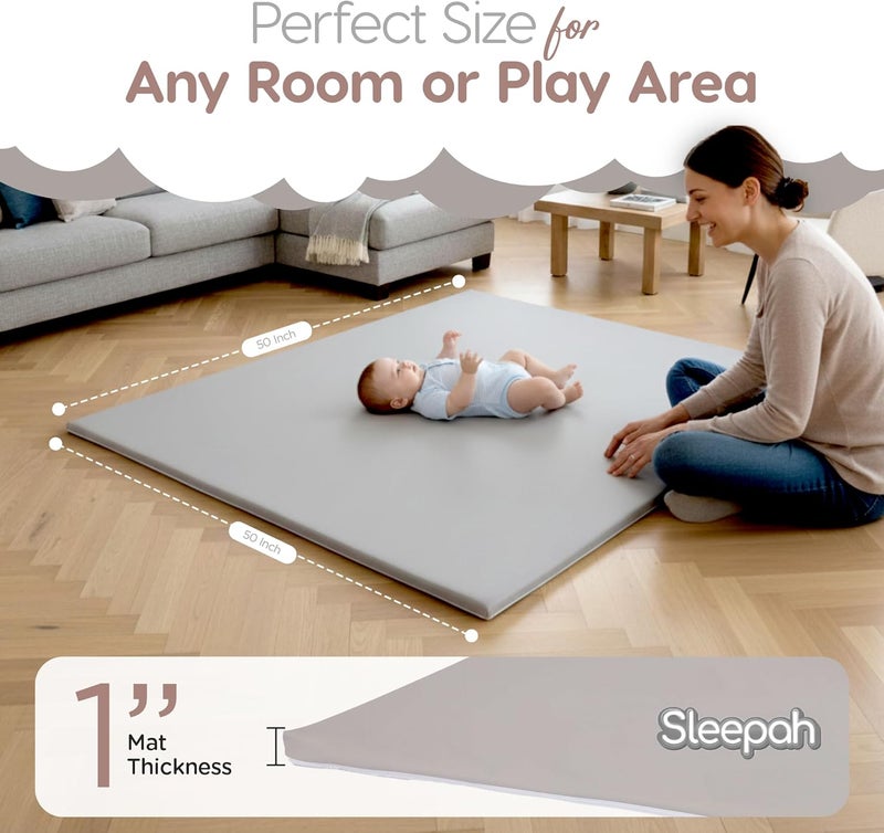 Sleepah Vegan Leather Baby Play Mat, 50x50 Thicken Foam Cushioned & Waterproof Playpen Mat for Infants and Toddlers, Stylish and Just Wipe-Clean Playmat for Baby Play on Floor Grey - Image 2