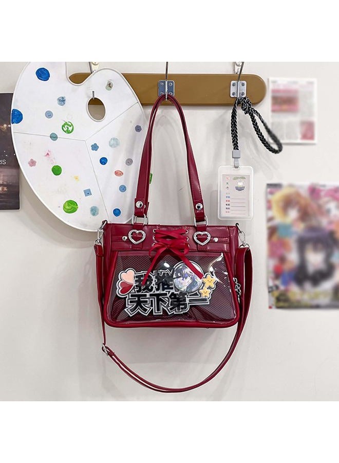 KeAiDMon Versatile Large Capacity Women's Shoulder Bag Anime Silk Ribbon Pin Display Bag, Red, Large - Image 2