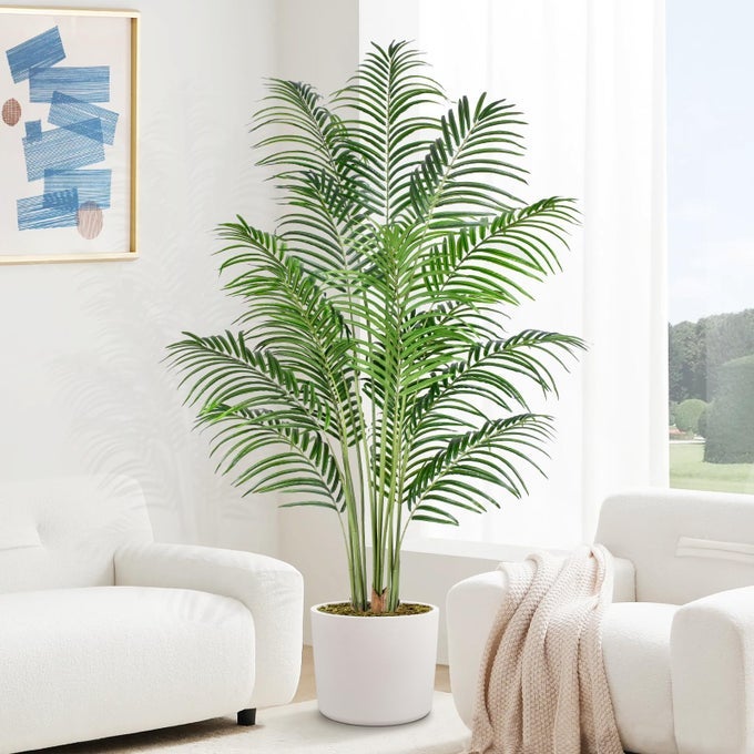 ARTIFICIAL PALM TREE 6FT TALL FAKE PALM TREE INDOOR DECOR WITH 18 LEAVES AND REAL BARK DESIGN FAUX TROPICAL ARECA PALM SILK FLOOR PLANT IN POT FOR HOME OFFICE LIVING ROOM BEDROOM DECOR 1PCS