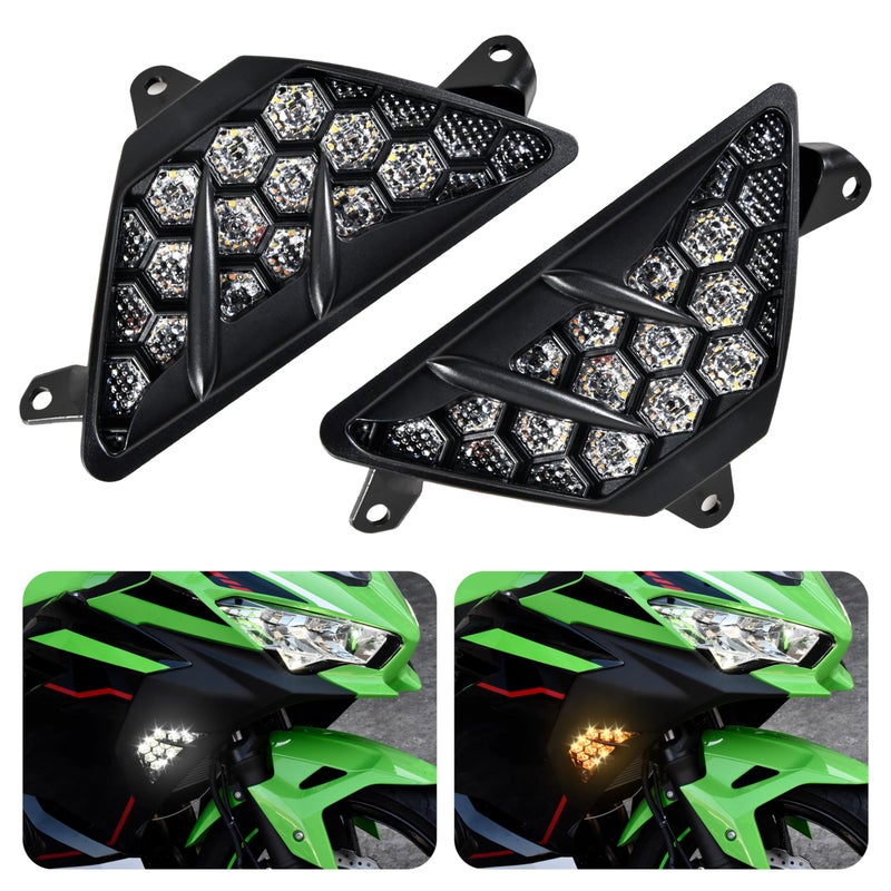 VEISUTOR LED Front Turn Signal Indicator Light for Ninja400 1324 Amber Turning Lamp and White Daytime Running Lights Lamp for Kawasaki Ninja 400 Ninja 300 Ninja 650 Ninja 1000 20132024 Accessories