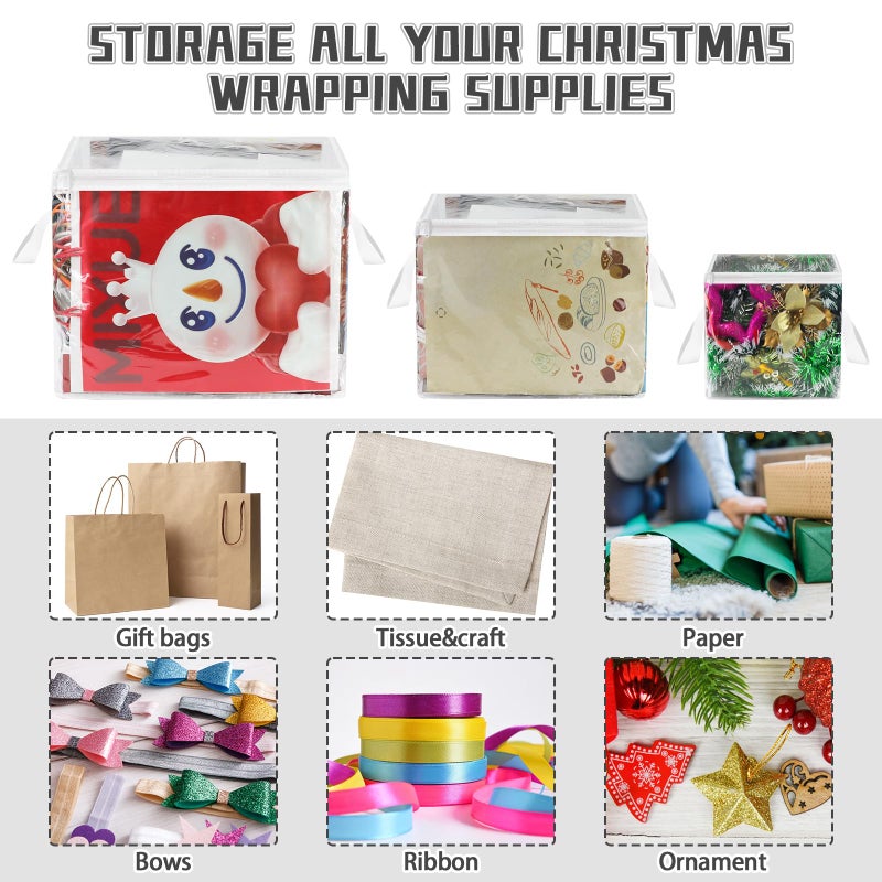RISICULIS 3 Pack Clear Zippered Gift Bag Storage Organizer with Handles,Organize Your Gift Wrap,Tissue Paper, Tape,Bow, Ribbon,Card,Ornament-Christmas Wrapping Supplies Storage Bag-3 Different Sizesï¼ˆL+M+S) - Image 4