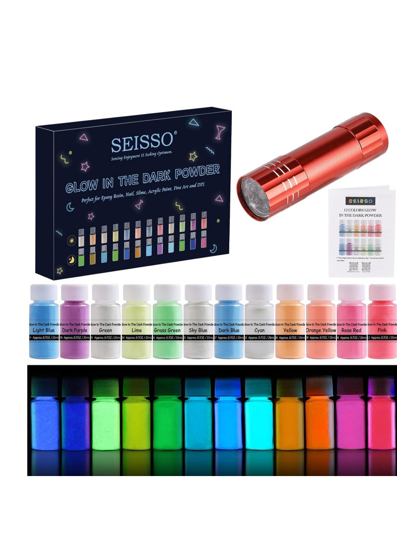 SEISSO مسحوق يتلألأ في الظلام 12 لون صبغة راتنج إبوكسي صبغة مضيئة مسحوق آمن يدوم طويلاً للفنون الجميلة، فن الأظافر DIY، ملون راتنج إبوكسي، حرف يدوية DIY وحفلات ذات طابع، 0.7 أونصة لكل منها - Image 2