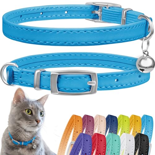 CollarDirect Leather Cat Collar with Bell - Kitten Collar, Small and Big Cat for Boy Cats, Girl Cats with Safety Elastic Strap (Neck Fit 6"-7", Light Blue) - Image 1