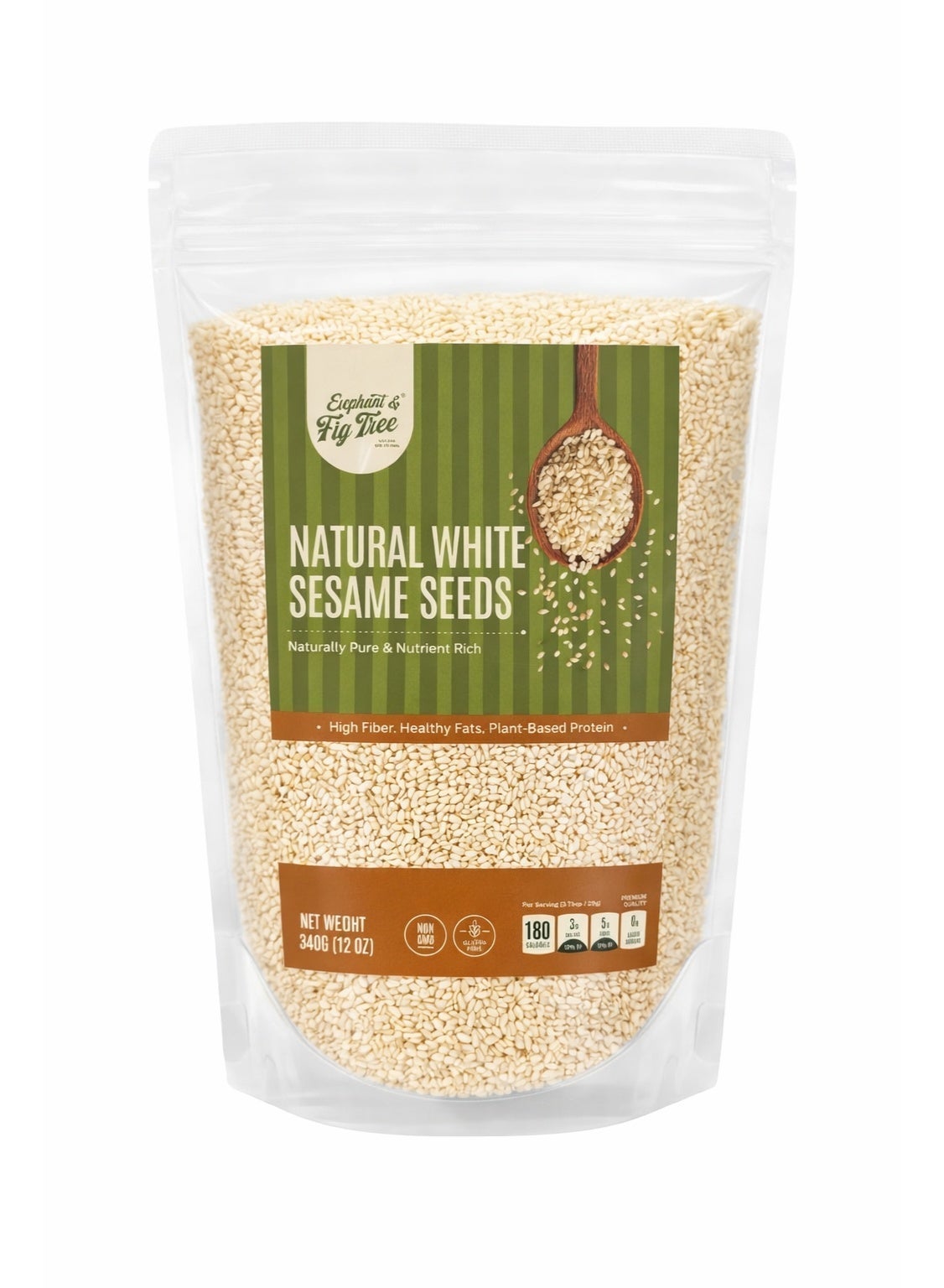Elephant & Fig Tree White Sesame Seeds 340g | Premium Hulled Sesame Seed Kernels | Rich in Fiber, Plant-Based Protein & Healthy Fats | Vegan | Perfect for Tahini, Baking, Salads & Cooking