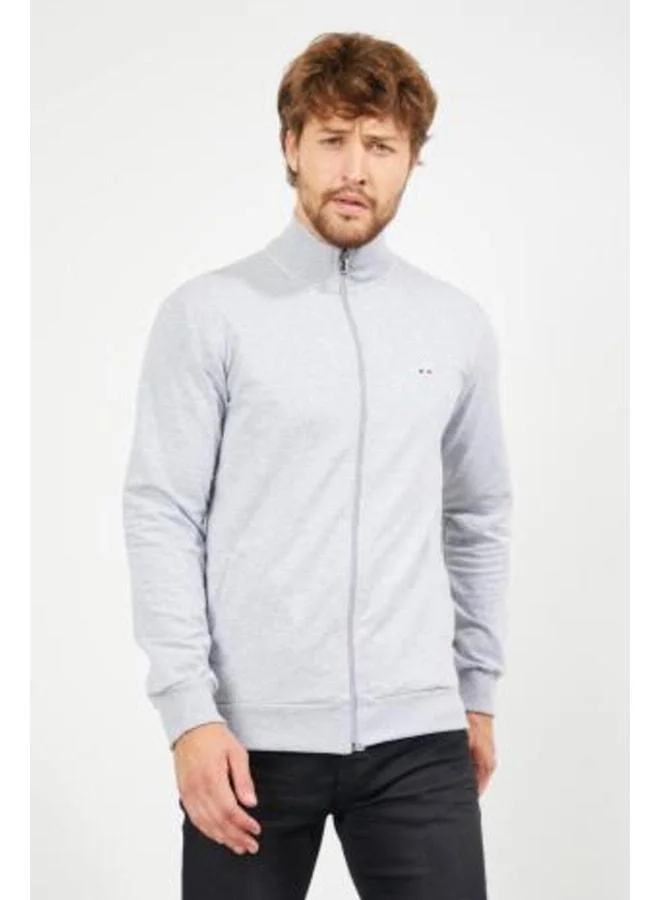 Mmetalic  Men’s Grey Regular Fit Zip-Up Cardigan with Embroidery and Pockets for Men | Best Price UAE