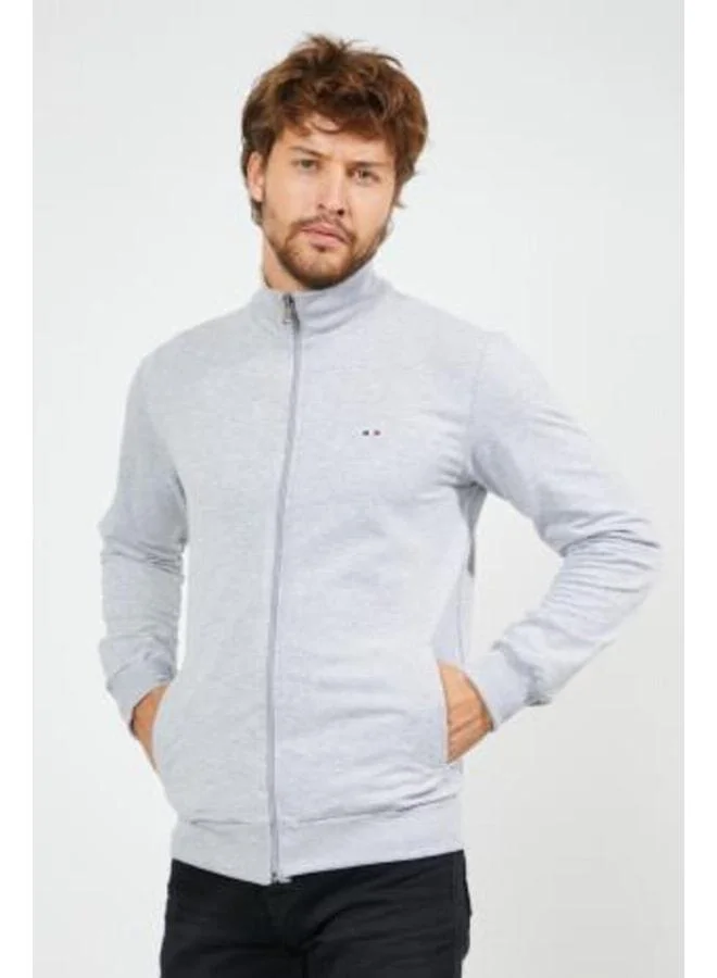 Men’s Grey Regular Fit Zip-Up Cardigan with Embroidery and Pockets
