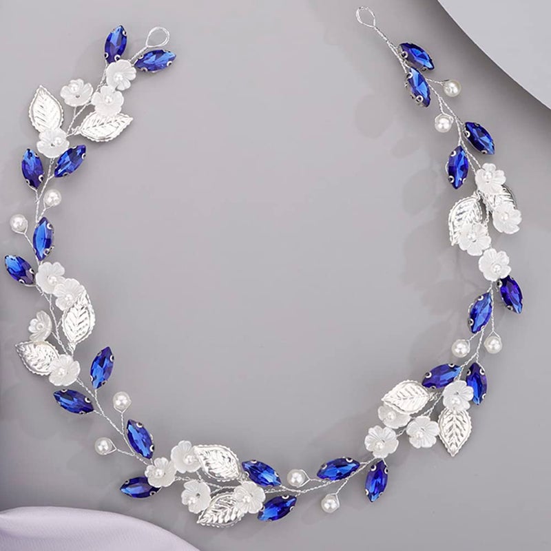BERYUAN Flower Leaf Crystal Wedding Hair Vine for Bride Bridesmaid Pearls Crystal Hair Accessories for Women and Girls Blue