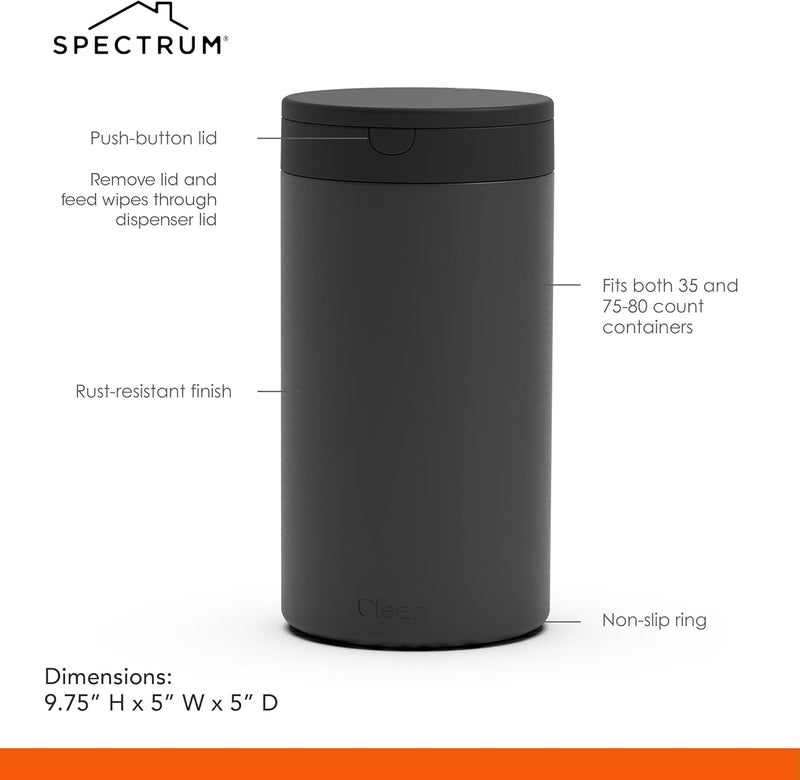 Spectrum Diversified حاوية مناديل تعقيم Spectrum مع غطاء زر دفع - موزع قابل لإعادة التعبئة للحمام والمطبخ والفصل الدراسي وسطح العمل والمنزل - حامل مناديل تعقيم من الفولاذ المقاوم للصدأ ومقاوم للصدأ - Image 5