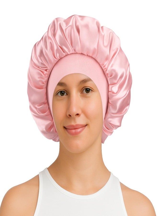 NatureKess غطاء رأس من الساتان الحريري للنوم للنساء، قبعة نوم مزدوجة الطبقة من الساتان الحريري مع حزام مرن للشعر المجعد الطبيعي (1 قطعة، وردي) - Image 1