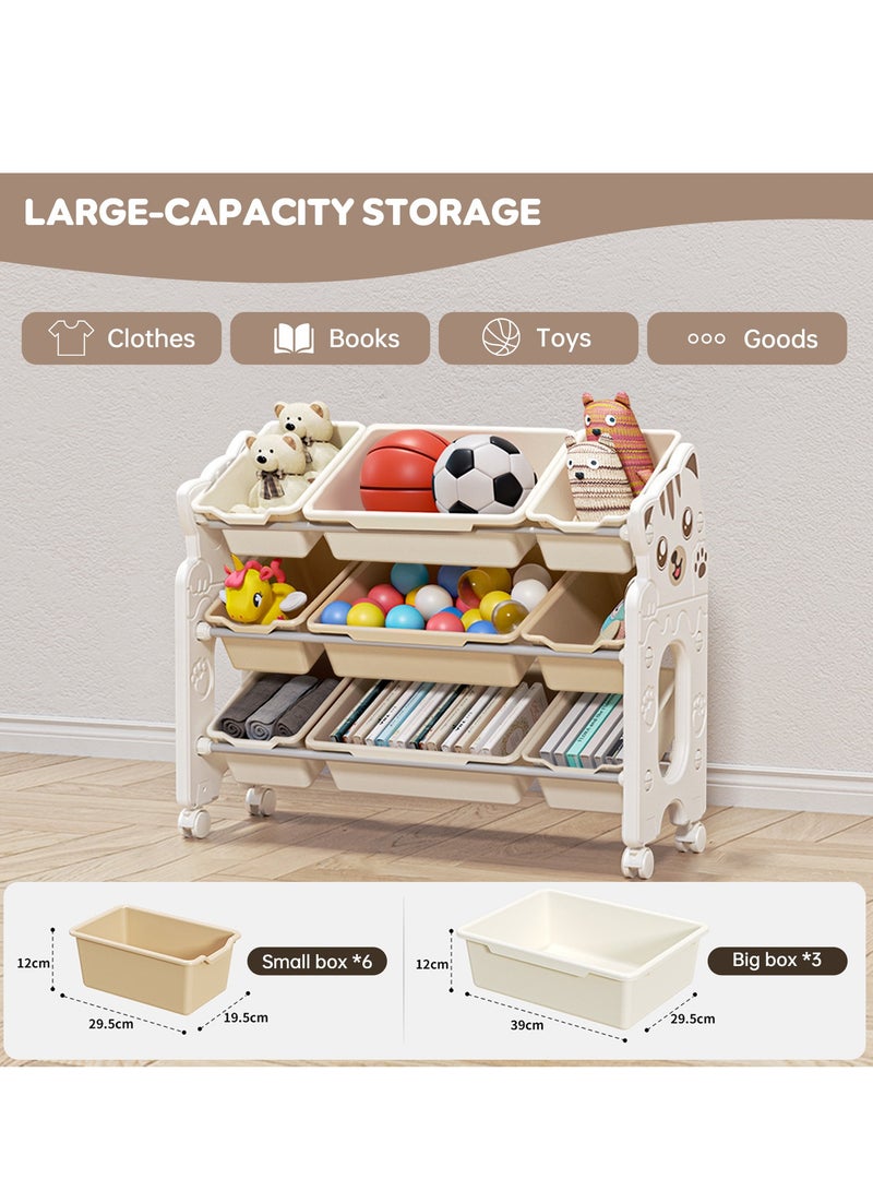 Amoyls Large Capacity Kids Toy Storage Organizer Rack with Wheels, Movable Books & Toys Storage Cabinet with Bins, Eco-Friendly Nursery Playroom Organizer - Image 3