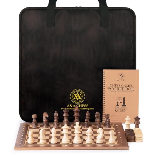 a&a AA Professional Wooden Chess and Checkers Set 155 Wooden Board with 3 Weighted Wooden Chess Pieces Chess Scorebook and Storage Bag - Image 1