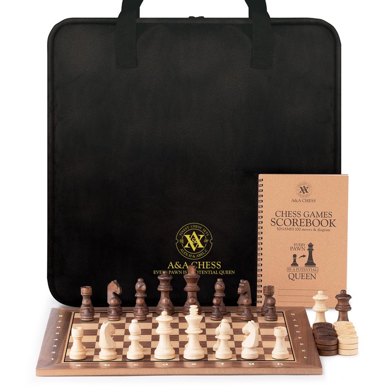 a&a AA Professional Wooden Chess and Checkers Set 155 Wooden Board with 3 Weighted Wooden Chess Pieces Chess Scorebook and Storage Bag - Image 3
