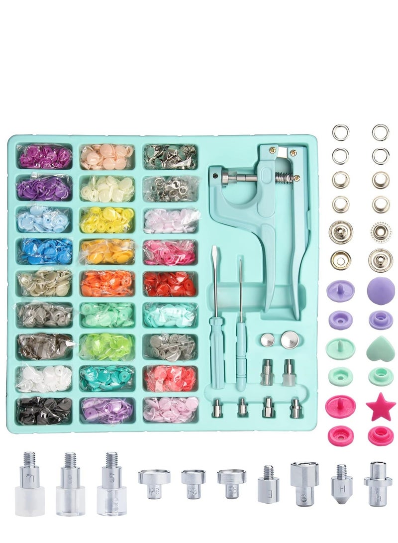 KASTWAVE مجموعة أزرار بلاستيكية ومعدنية مع كماشة كبس، 300 مجموعة من أزرار بلاستيكية ومعدنية كبس للخياطة والحرف اليدوية (أخضر) - Image 1