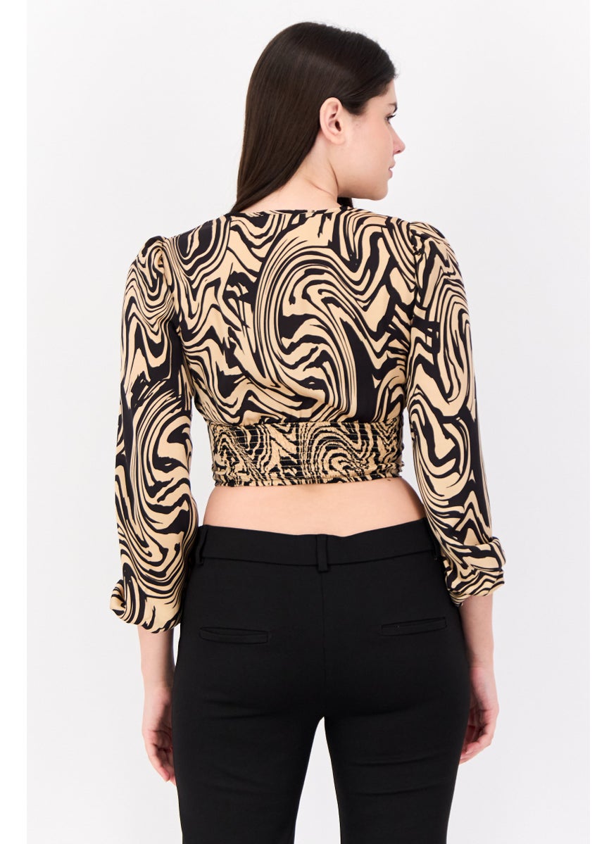 Stradivarius - Women V-Neck Balloon Sleeves Abstract Print Blouse, Multicolor - Image 1