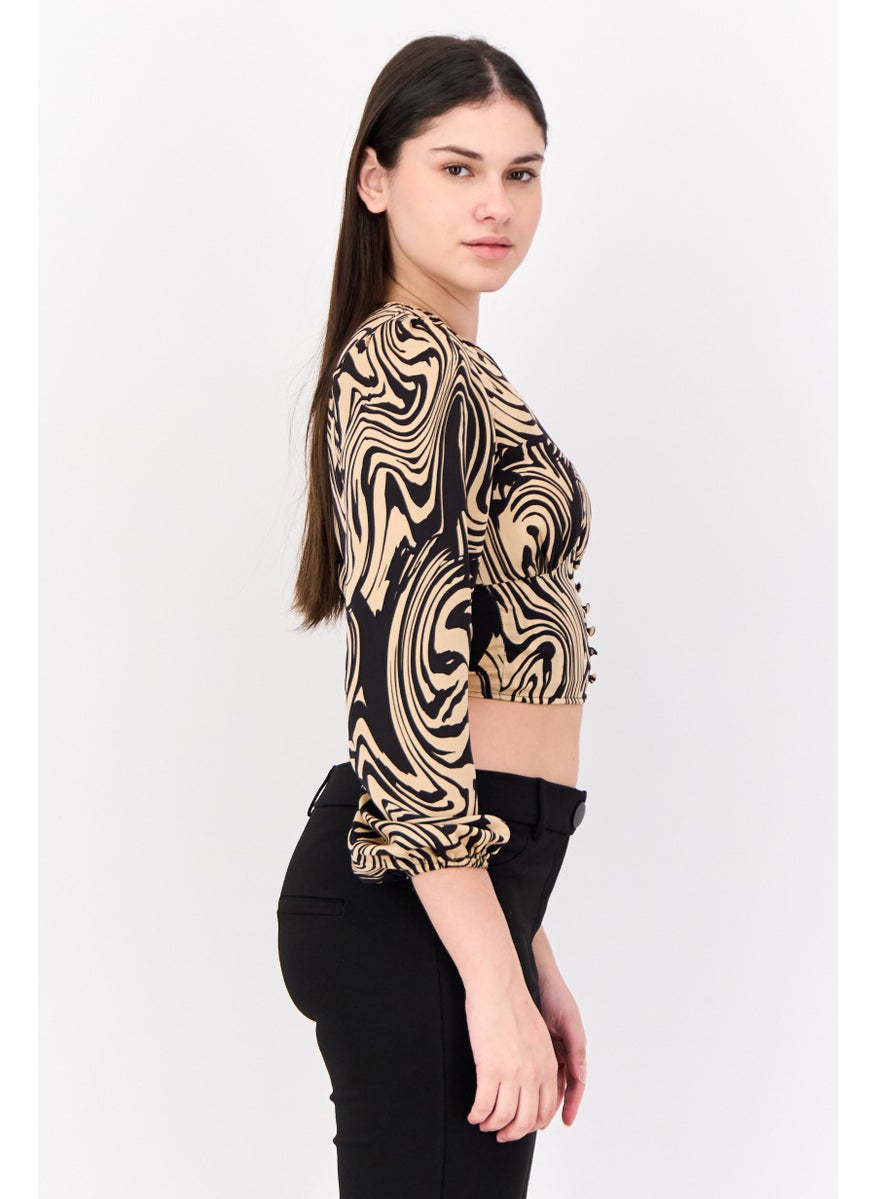 Stradivarius - Women V-Neck Balloon Sleeves Abstract Print Blouse, Multicolor - Image 1