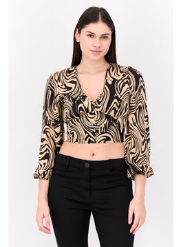 Women V-Neck Balloon Sleeves Abstract Print Blouse, Multicolor