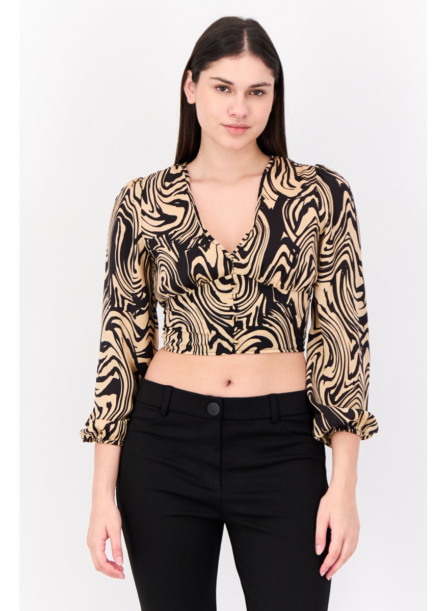 Stradivarius - Women V-Neck Balloon Sleeves Abstract Print Blouse, Multicolor - Image 1