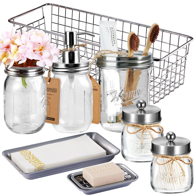 SheeChung 8PCS Bathroom Accessories Set Complete  Soap Dispenser Mason Jar Toothbrush Holder 2pcs Qtip Holders Flower Vase Soap Holder Vanity Tray Toilet Paper StorageBrushed Nickel