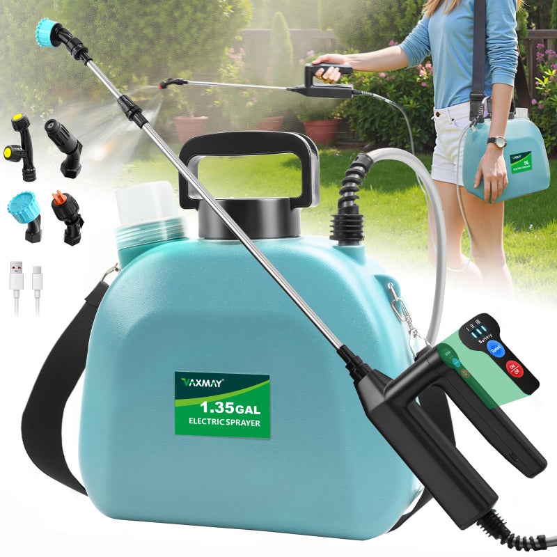VAXMAY Battery Powered Sprayer 135 Gallon 2026 Electric Garden Sprayer with 3 Adjustable Speeds 4 Mist Nozzles Rechargeable Handle Retractable Wand with Adjustable Shoulder Strap for Weed LawnBlue - Image 2