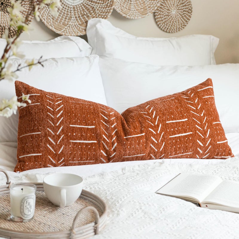 BlissBlush Boho Lumbar Throw Pillow Cover 14X36, Brick Red Decorative Long Accent Body Lumbar Pillow for Bed, Farmhouse Woven Soft Chenille Textured Lumbar Pillowcase for Couch (Cover ONLY) - Image 1