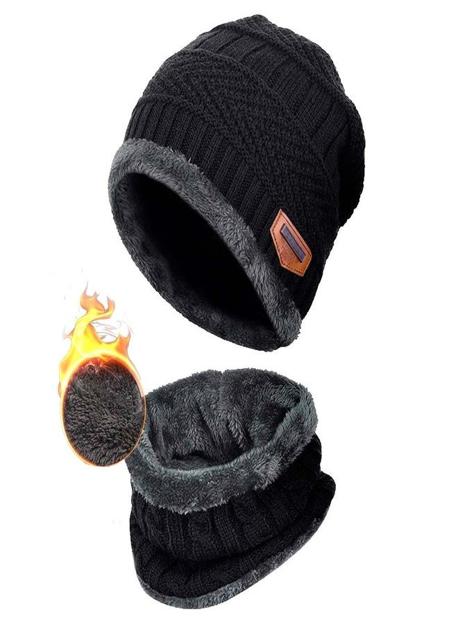 ZIBELL Winter Beanie hat Scarf 2 Pieces Set Warm, Inside Fur Knitted hat Thick Fleece Lining Winter hat & Scarf for Men and Women - Free Size (IN, Alpha, Free Size, Black) - Image 2