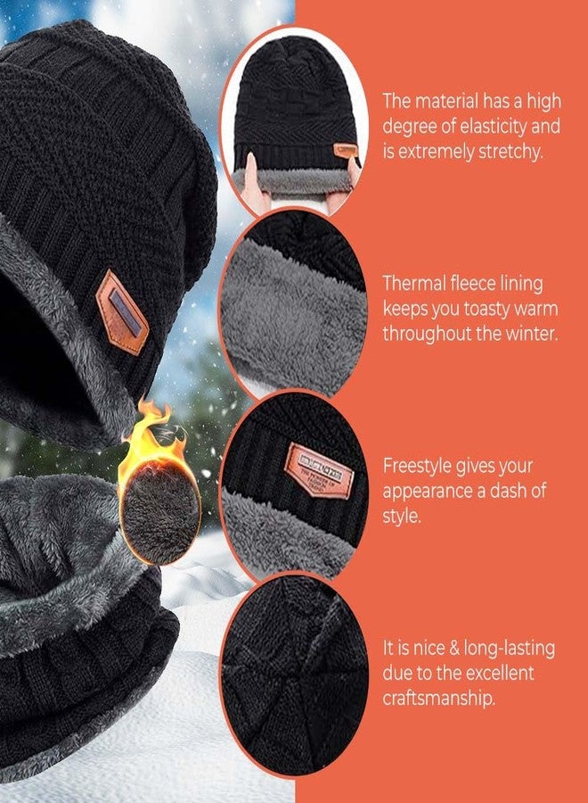 ZIBELL Winter Beanie hat Scarf 2 Pieces Set Warm, Inside Fur Knitted hat Thick Fleece Lining Winter hat & Scarf for Men and Women - Free Size (IN, Alpha, Free Size, Black) - Image 3