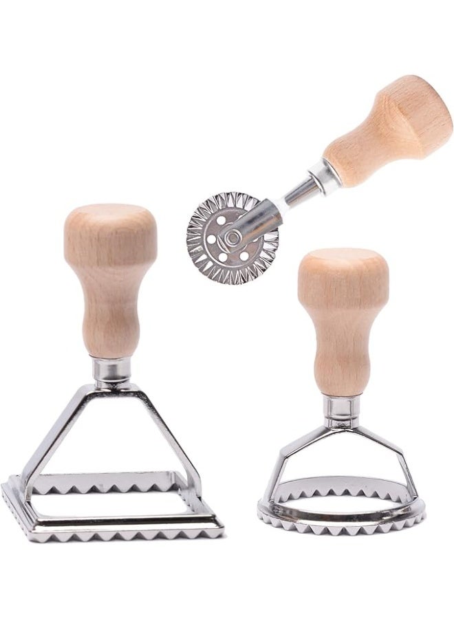 Ravioli Stamp Maker Cutter with Roller Wheel Set, Mold with Wooden Handle and Fluted Edge, Pasta Press Kitchen Attachment  - Image 1