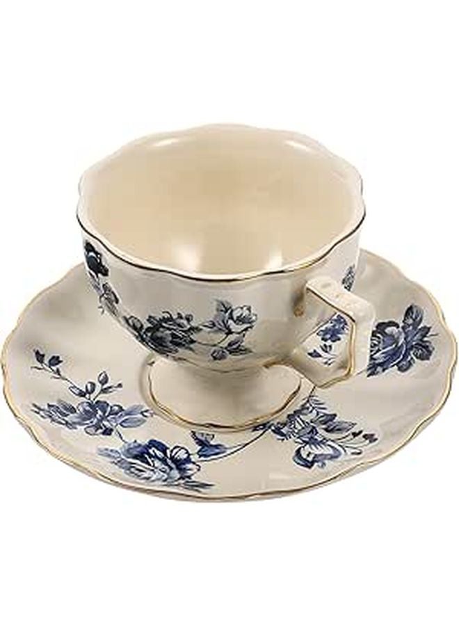 Vintage Ceramic Coffee Cup and Saucer Set Blue Floral Large Mug European Style Porcelain - Image 1