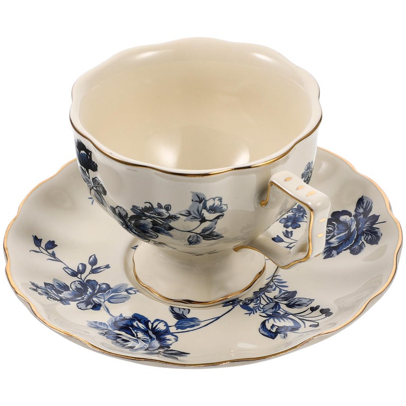 Vintage Ceramic Coffee Cup and Saucer Set Blue Floral Large Mug European Style Porcelain - Image 2