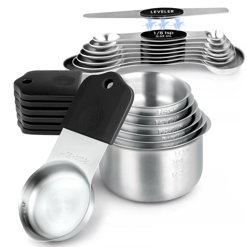 vfuni Magnetic Measuring Cups & Spoons Set, Strong N45 Magnets, Heavy Duty Stainless Steel Fits in Spice Jars for Baking & Cooking, BPA Free, Round Set of 15 with Leveler,Dark Black - Image 1