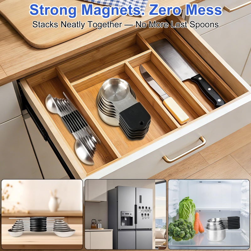 vfuni Magnetic Measuring Cups & Spoons Set, Strong N45 Magnets, Heavy Duty Stainless Steel Fits in Spice Jars for Baking & Cooking, BPA Free, Round Set of 15 with Leveler,Dark Black - Image 5